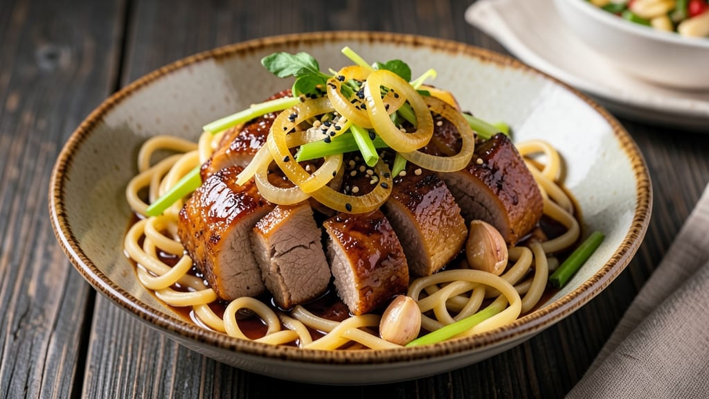 Braised Pork Noodles Recipe: Deep-Fried Celery Crowns Over Savory Soy-Braised Pork
