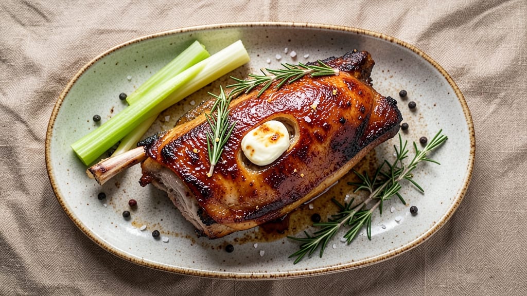 Bone-In Pork Shoulder Picnic Roast Recipe: Celery Crown Crunch Over Herbed Butter Gravy