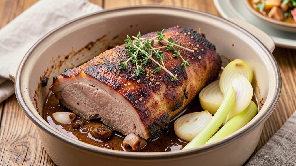 Bone-In Pork Loin End Roast Crock Pot Recipe: Celery Crown Crunch Over Smoky Garlic Gravy