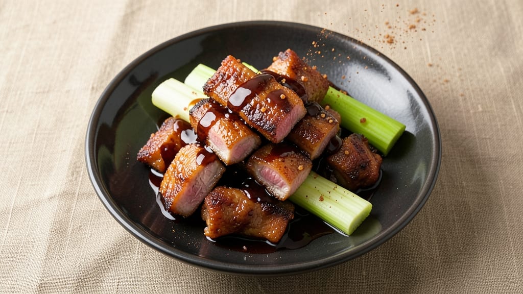 Chinese Pork Rib Tips Recipe: Crispy Celery Crowns Over Tangy Hoisin Glaze