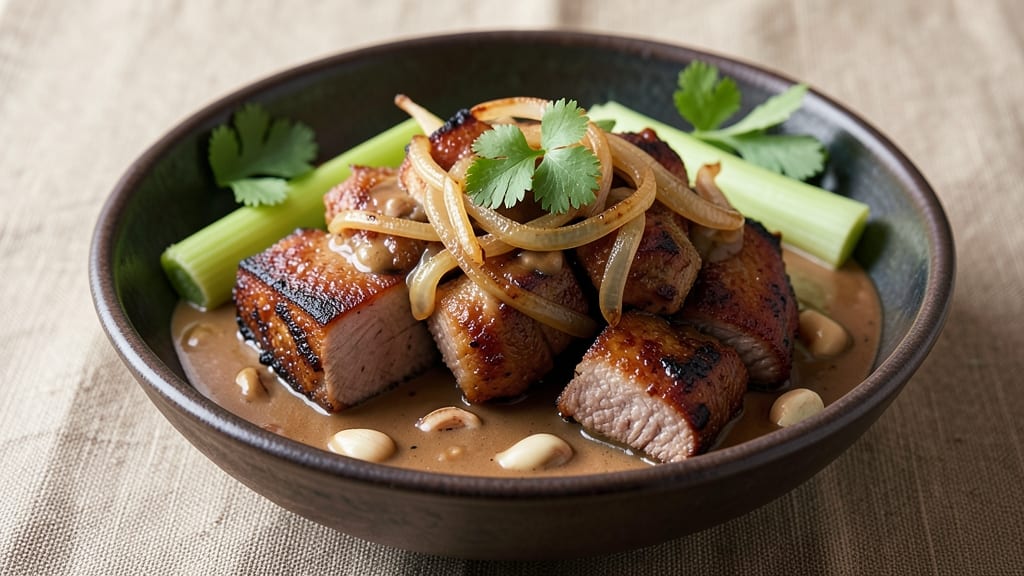 Pork Caldereta Recipe With Peanut Butter: Crispy Celery Crowns Over Rich Peanut-Coconut Braise