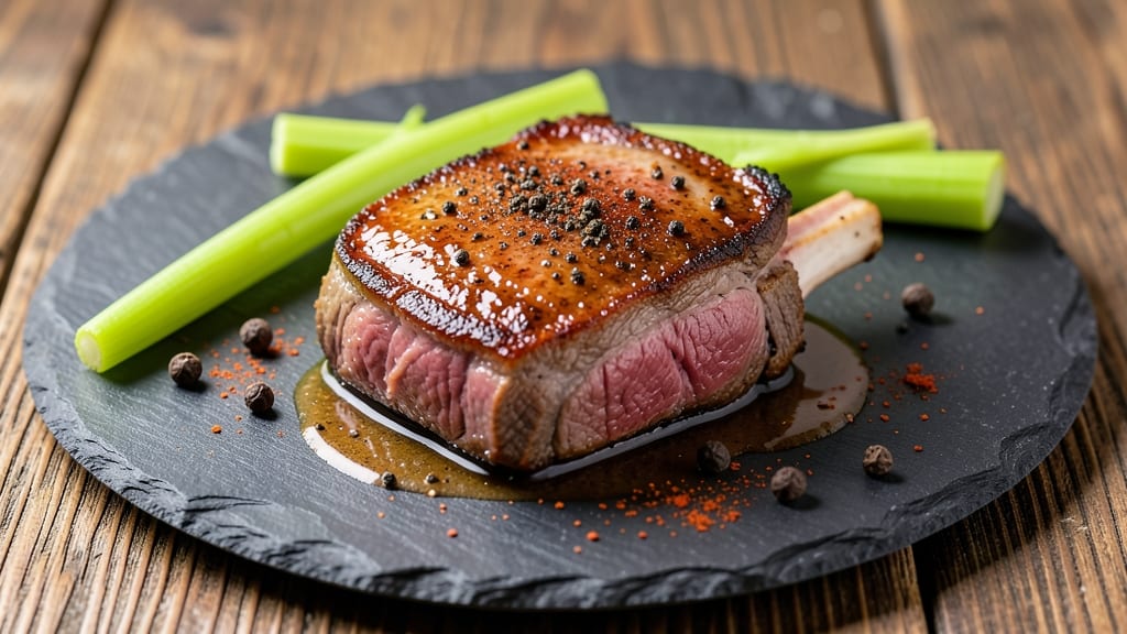 Boston Pork Steak Recipe: Crispy Celery Crowns Over Sweet-Smoky Gravy