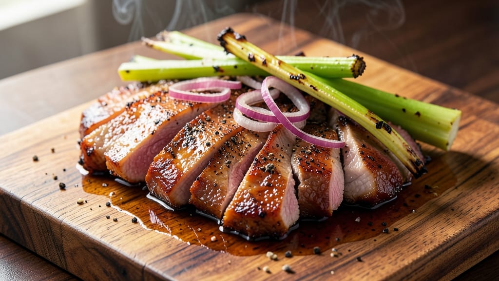 BBQ Pork Belly Slices Recipe: Crispy Celery Crowns Over Smoky Chipotle Glaze