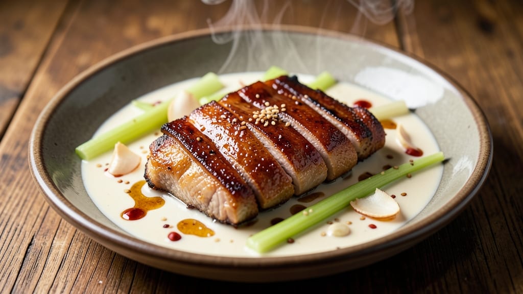 Caja China Pork Recipe: Crispy Celery Crowns Over Spiced Coconut Gravy