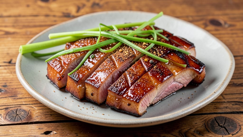 Chinese BBQ Pork Belly Recipe: Crispy Celery Crowns Over Smoky Five-Spice Glaze
