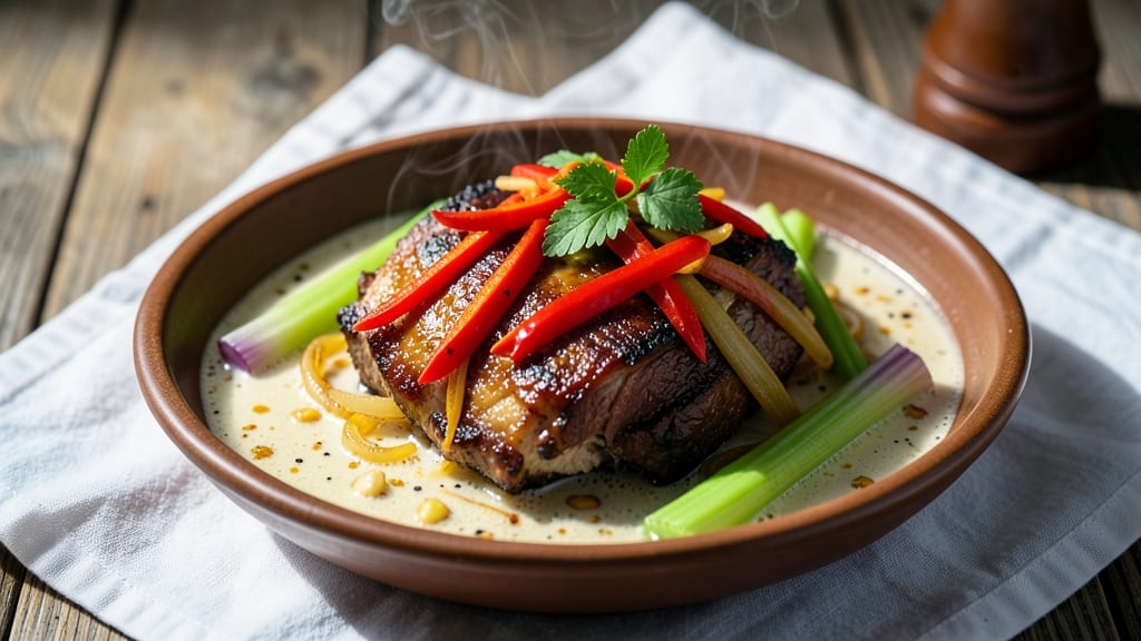 Filipino-Style Braised Pork Recipe: Crispy Celery Crowns Over Coconut Cream Gravy