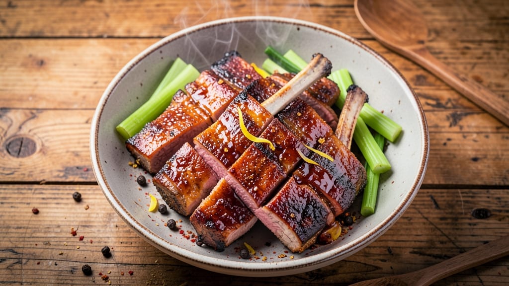 Bone-In Pork Loin Country Style Ribs Recipe: Smoky Gravy-Crowned Crisp Celery Topping