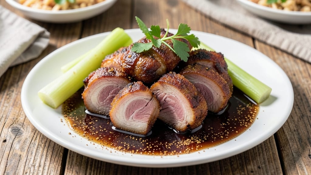 Black Vinegar Pork Trotters Recipe: Crispy Celery Crowns Over Tangy-Sweet Braise