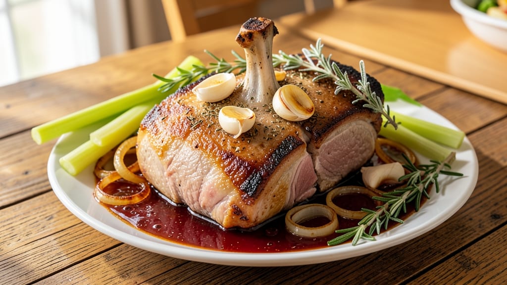 Bone-In Boston Pork Roast Slow Cooker Recipe: Celery Crown Crunch Over Herbed Gravy