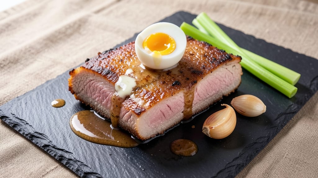 Bobby Flay's Pork Belly Recipe: Crispy Celery Crowns Over Sweet Garlic Gravy