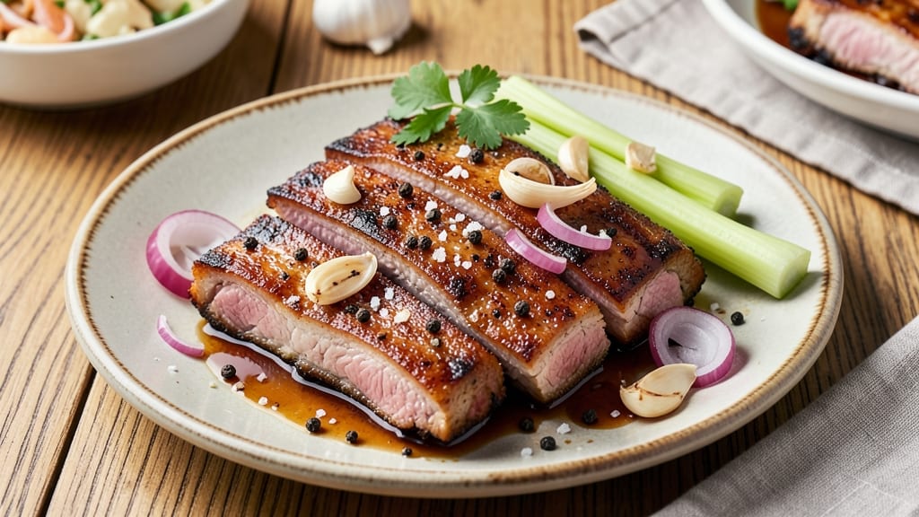 Boneless Country Style Pork Ribs Quick Recipe: Crispy Celery Crowns Over Smoky Tomato Gravy