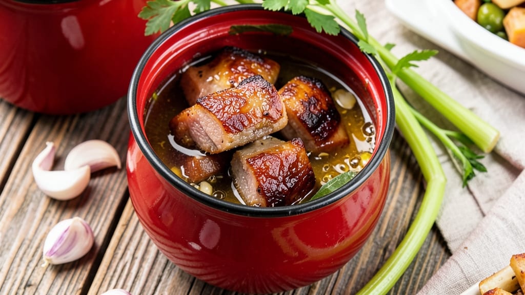 Canned Pickled Pork Hocks Recipe: Crispy Celery Crowns Over Tangy Vinegar Braise