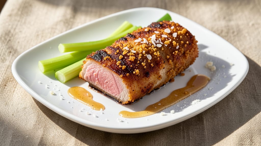 Breaded Buttermilk Pork Tenderloin Recipe: Crispy Celery Crowns Over Tangy Gravy
